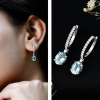 Genuine 2.2 Carat Oval Cut Aquamarine Hoop Drop Earrings with Diamond