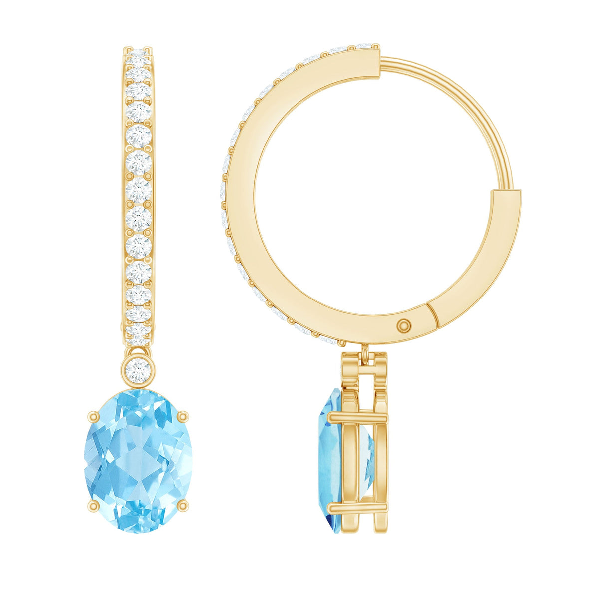 Genuine 2.2 Carat Oval Cut Aquamarine Hoop Drop Earrings with Diamond