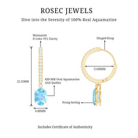 Genuine 2.2 Carat Oval Cut Aquamarine Hoop Drop Earrings with Diamond