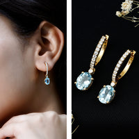 Genuine 2.2 Carat Oval Cut Aquamarine Hoop Drop Earrings with Diamond