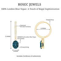 Natural Oval 2 Carat London Blue Topaz Drop hoop Earrings with Diamond