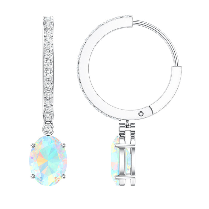 Oval rainbow opal and moissanite hinged hoop earrings by Rosec Jewels, showcasing vibrant colors and sparkling stones.