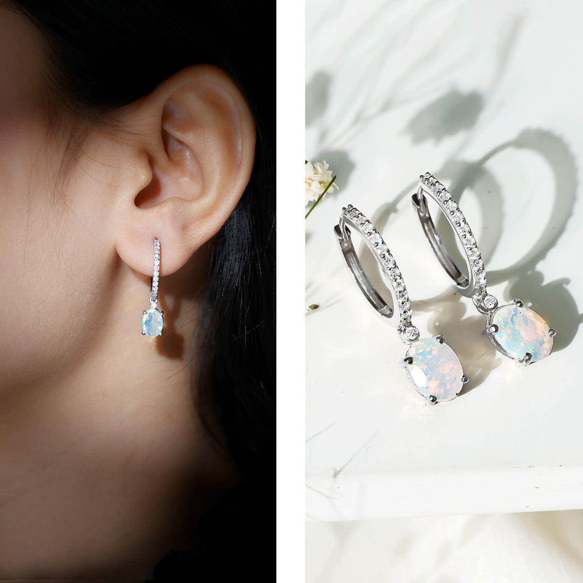 Oval Ethiopian Opal Drop Earrings with Moissanite Hoop