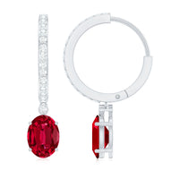 Oval Cut Lab Created Ruby Hoop Drop Earrings with Diamonds
