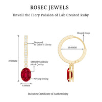 Oval Cut Lab Created Ruby Hoop Drop Earrings with Diamonds