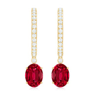 Oval Cut Lab Created Ruby Hoop Drop Earrings with Diamonds