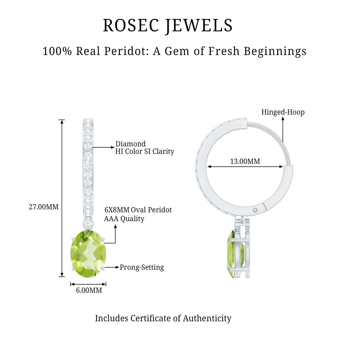 Natural 2 Carat Peridot Drop Hoop Earrings with Diamond