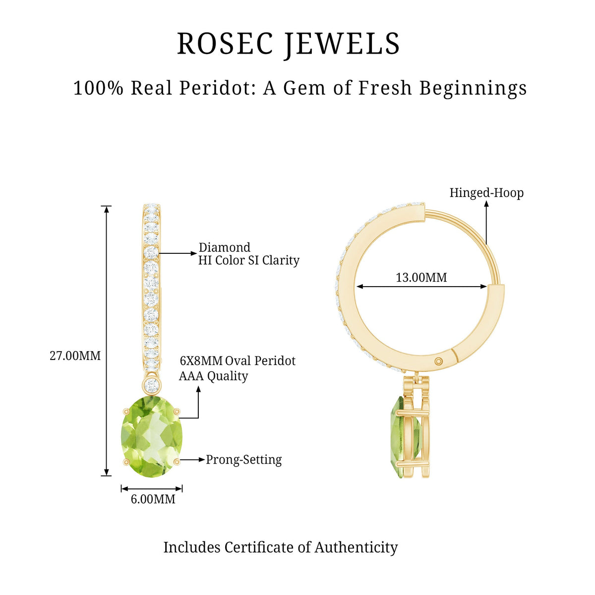 Natural 2 Carat Peridot Drop Hoop Earrings with Diamond