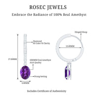 Real 6X8mm Oval Amethyst Diamond Hoop Earrings With Diamonds