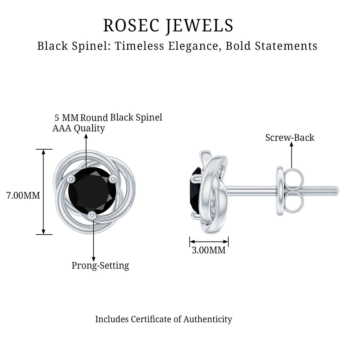 1 Carat Black Spinel Swirl Stud Earrings with Screw Backs