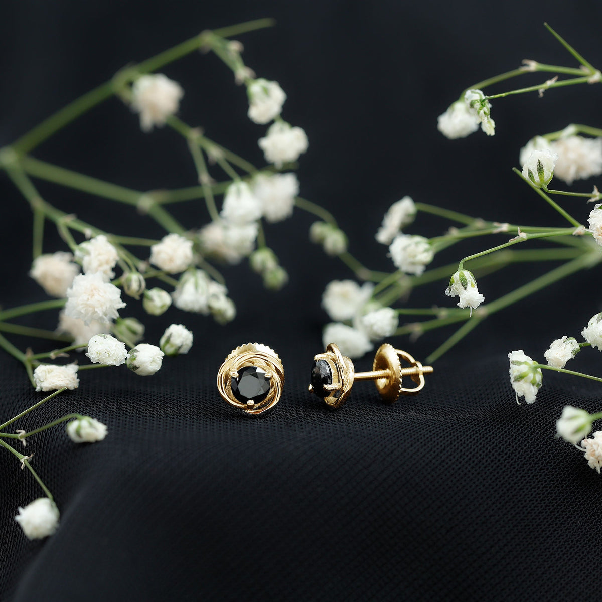 1 Carat Black Spinel Swirl Stud Earrings with Screw Backs