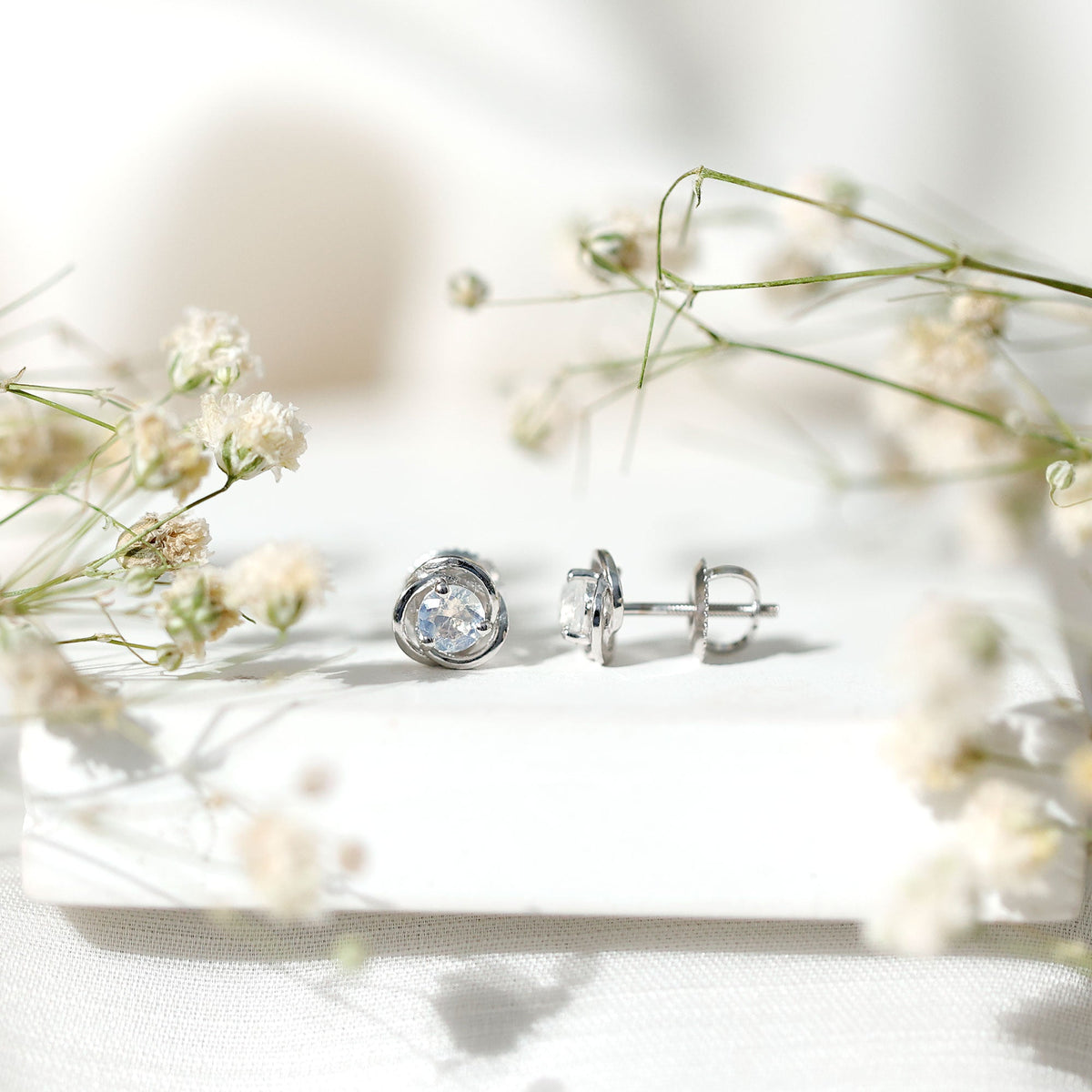 Solitaire Moonstone Swirl Stud Earrings with Certificate
