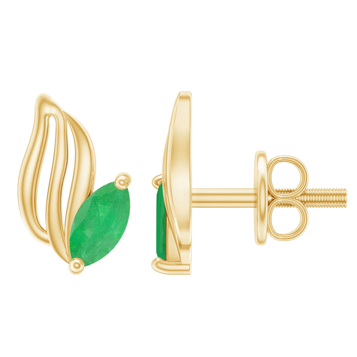 Natural-inspired marquise emerald leaf earrings with screw backs by Rosec Jewels, featuring intricate leaf design and sparkling green stones.