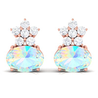 2.25 CT Oval Ethiopian Opal Minimal Stud Earrings with Floral Diamond Accent