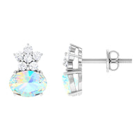 2.25 CT Oval Ethiopian Opal Minimal Stud Earrings with Floral Diamond Accent