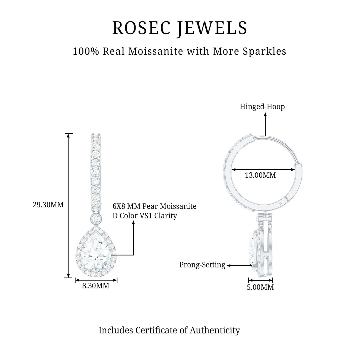 Certified Moissanite Teardrop Earrings with Hinged Hoop
