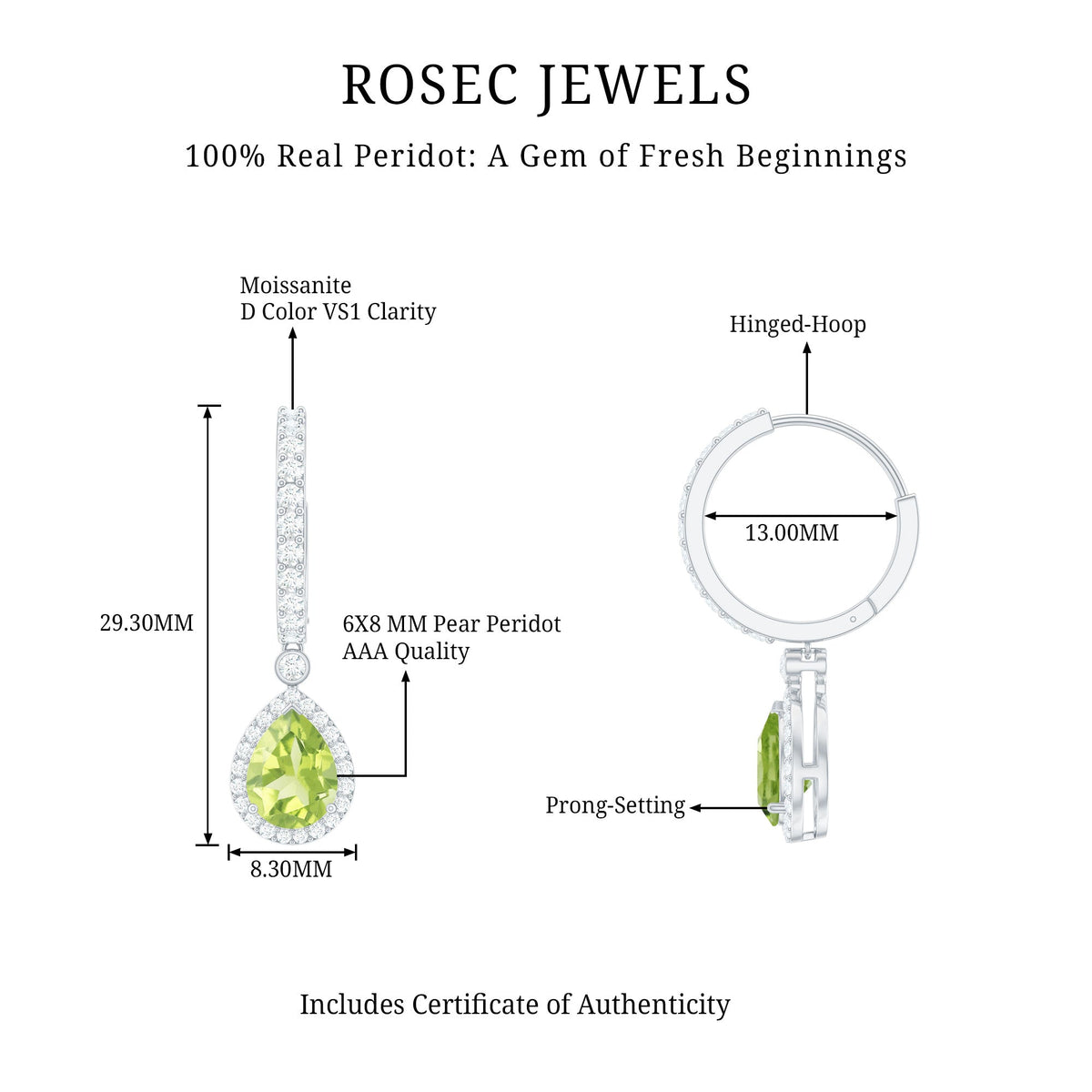 Classic 2 Carat Peridot Teardrop Earrings with Moissanite Hinged Hoop