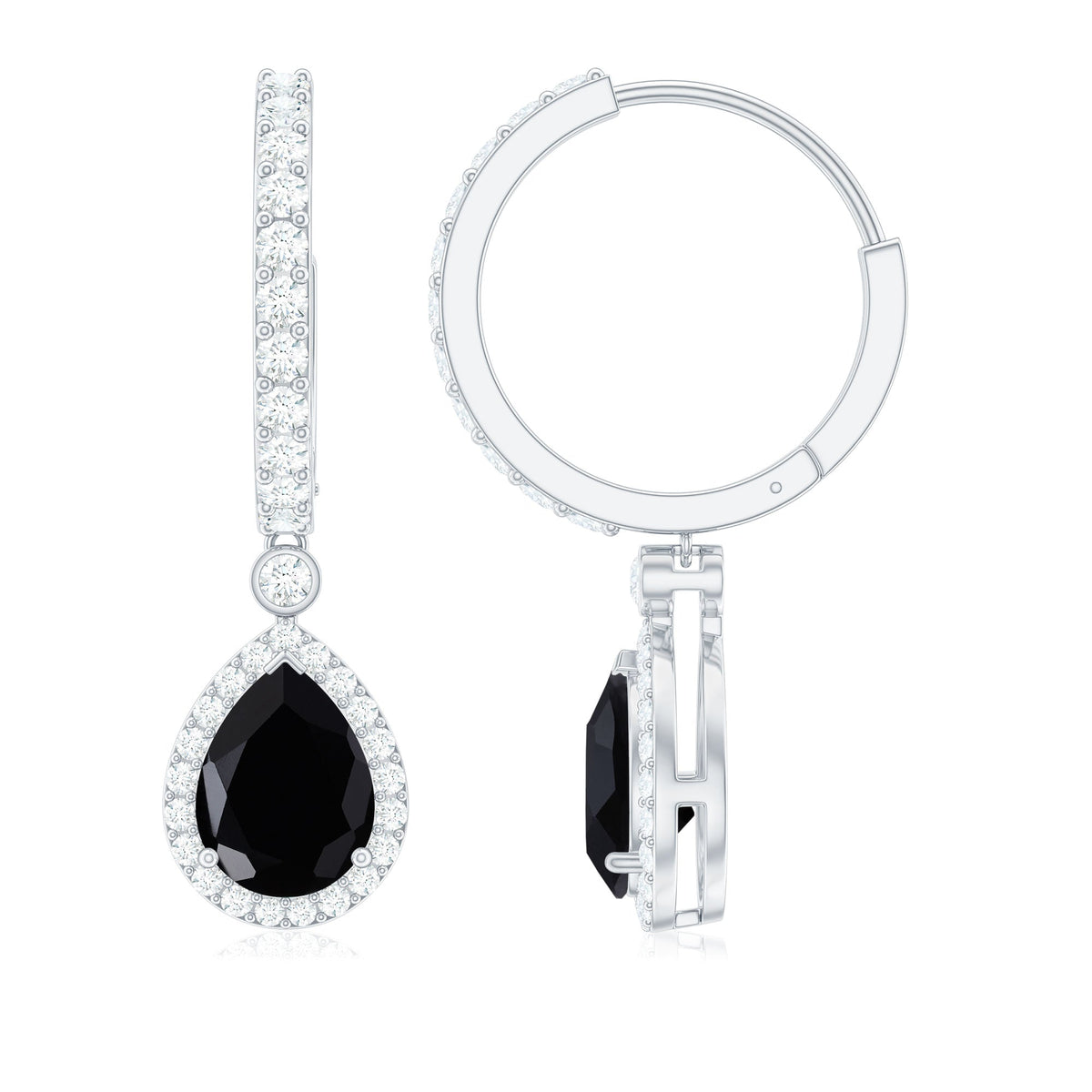 Natural Pear Shape Black Onyx Hoop Drop Earrings
