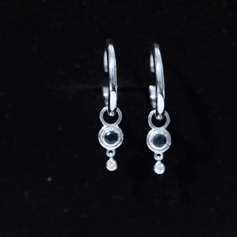 Rosec Jewels bezel set London Blue Topaz and lab diamond hoop drop earrings, showcasing elegant jewelry with blue gemstones and sparkling accents.