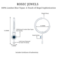 Bezel set London Blue Topaz and lab diamond hoop drop earrings by Rosec Jewels, showcasing blue gemstones and sparkling accents.
