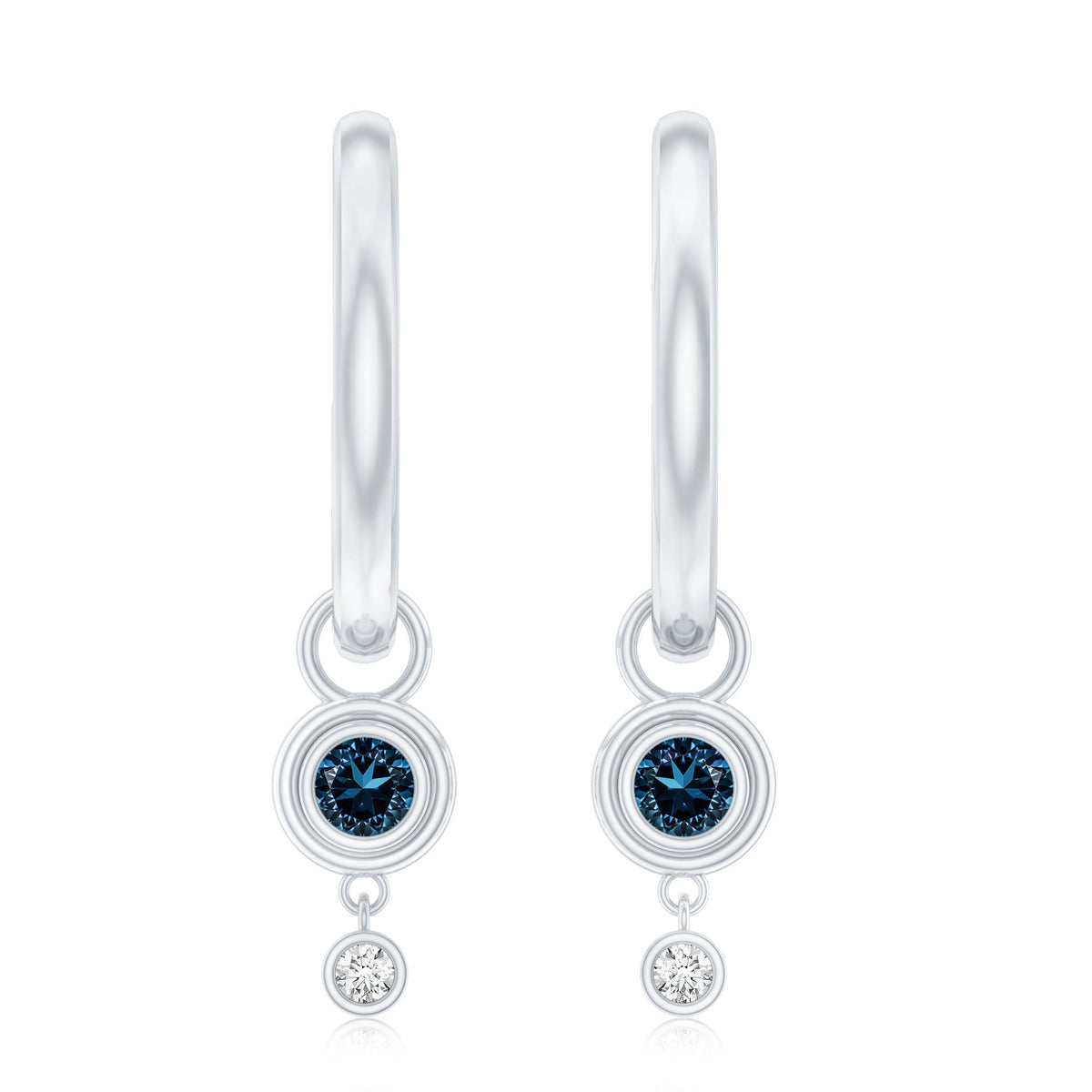Bezel set London Blue Topaz and lab diamond hoop drop earrings from Rosec Jewels featuring elegant gemstone accents and modern design.