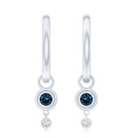 Bezel set London Blue Topaz and lab diamond hoop drop earrings from Rosec Jewels featuring elegant gemstone accents and modern design.