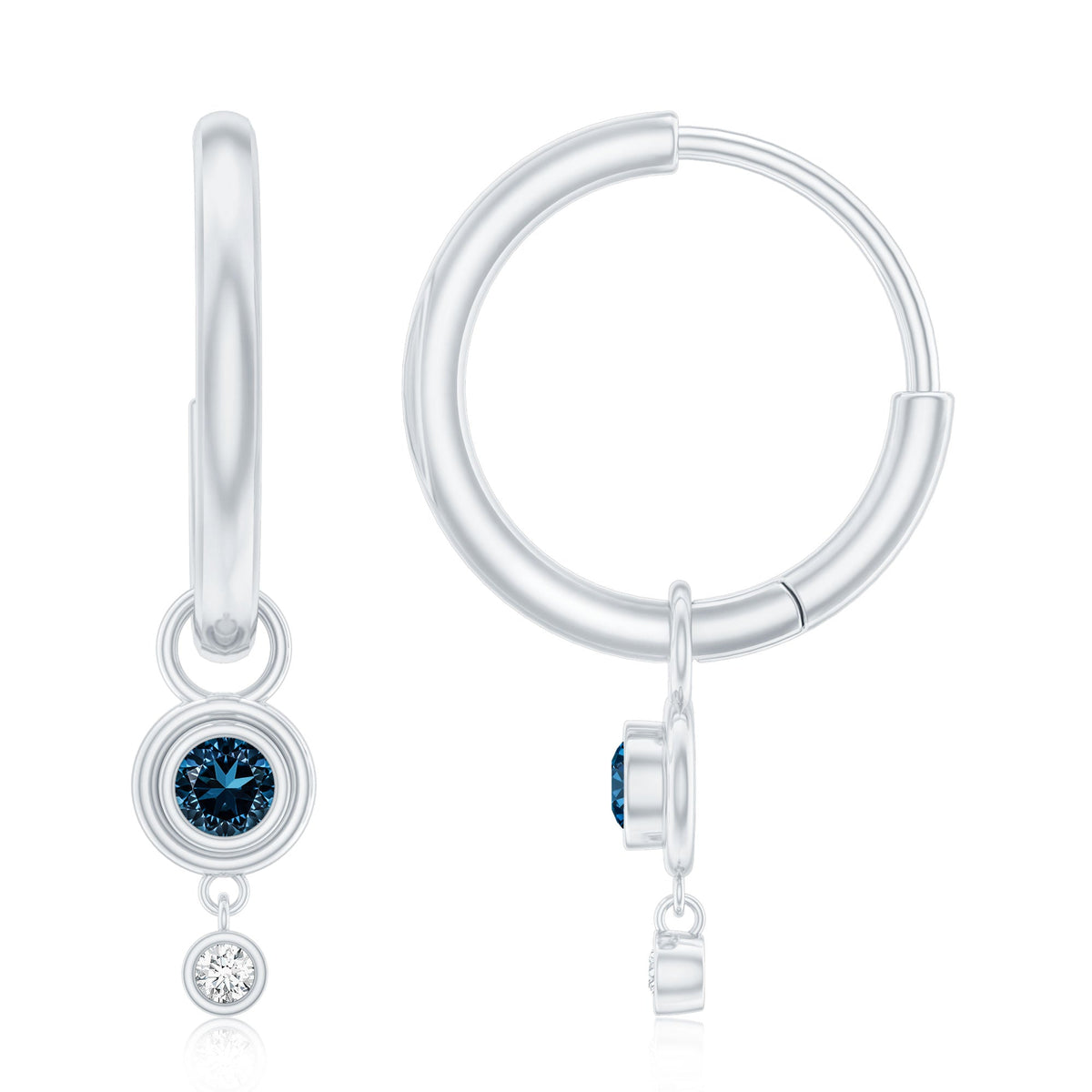 Rosec Jewels bezel set London Blue Topaz and lab diamond hoop drop earrings, showcasing elegant jewelry design.