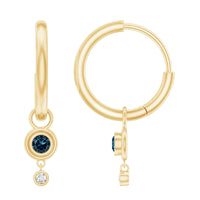 Bezel set London Blue Topaz and lab diamond hoop drop earrings by Rosec Jewels with elegant design and sparkling gemstones.