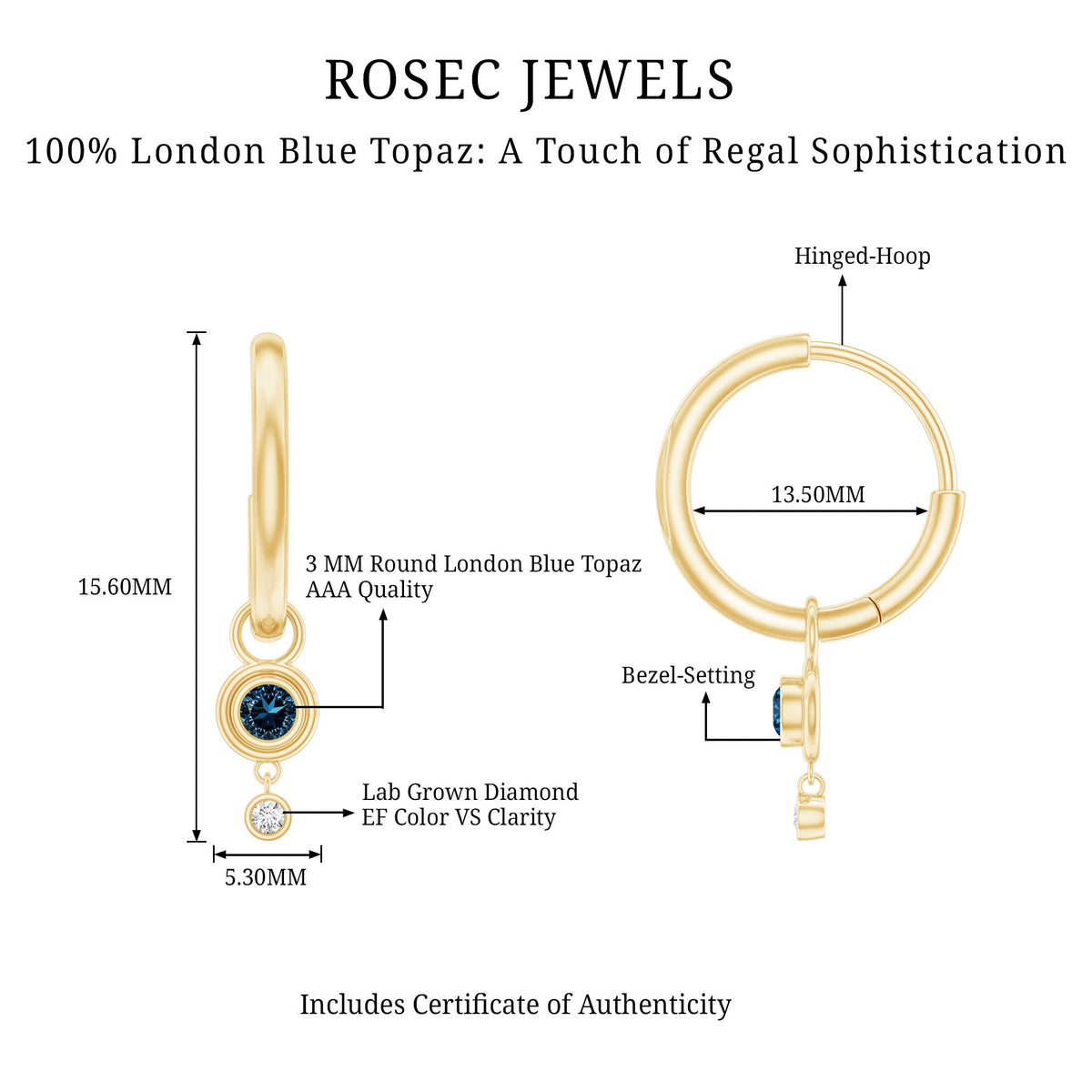 Bezel set London Blue Topaz and lab diamond hoop drop earrings by Rosec Jewels showcasing elegant jewelry design.