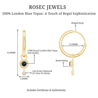 Bezel set London Blue Topaz and lab diamond hoop drop earrings by Rosec Jewels showcasing elegant jewelry design.