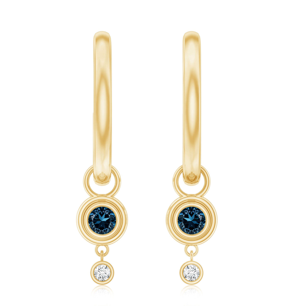 Bezel set London Blue Topaz and lab diamond hoop drop earrings by Rosec Jewels featuring blue gemstone and sparkling diamonds.
