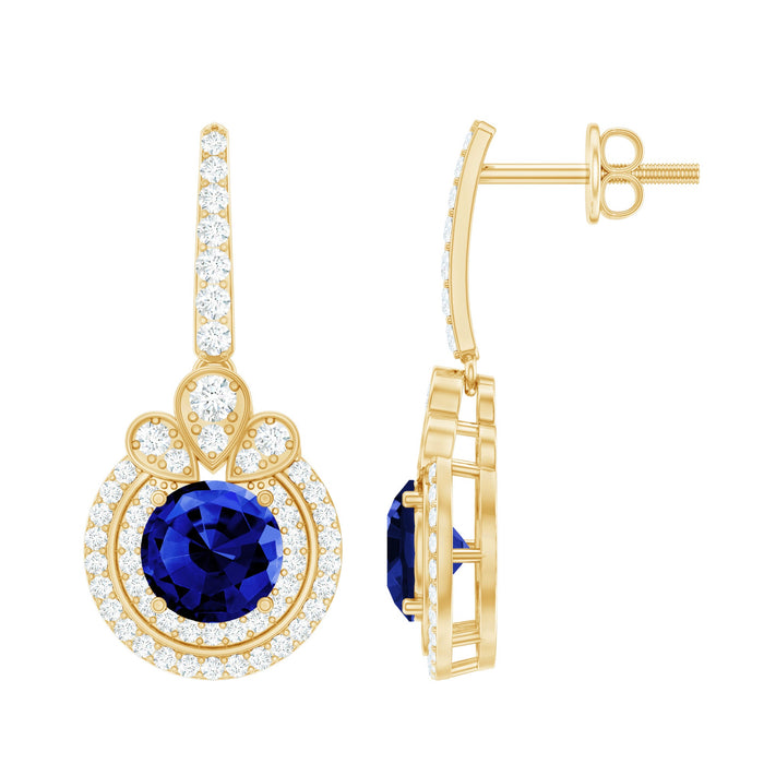 Rosec Jewels classic lab-grown blue sapphire earrings with diamond halo, featuring elegant earrings with sparkling gemstones.