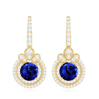 Classic Lab Grown Blue Sapphire Wedding Earrings with Diamonds Halo