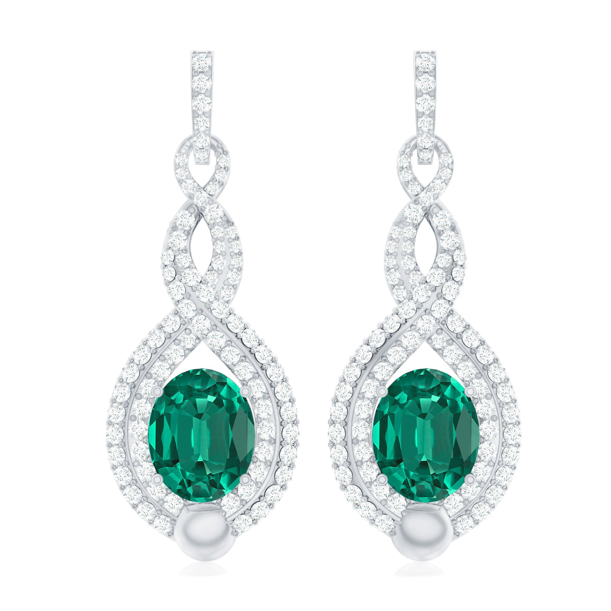 Certified Lab Grown Emerald Wedding Earrings with Double Halo Diamonds