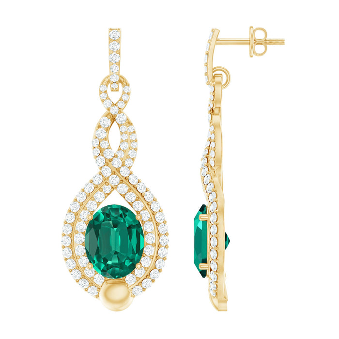 Certified lab-grown emerald wedding earrings with double halo diamonds, featuring rose gold setting and intricate craftsmanship.