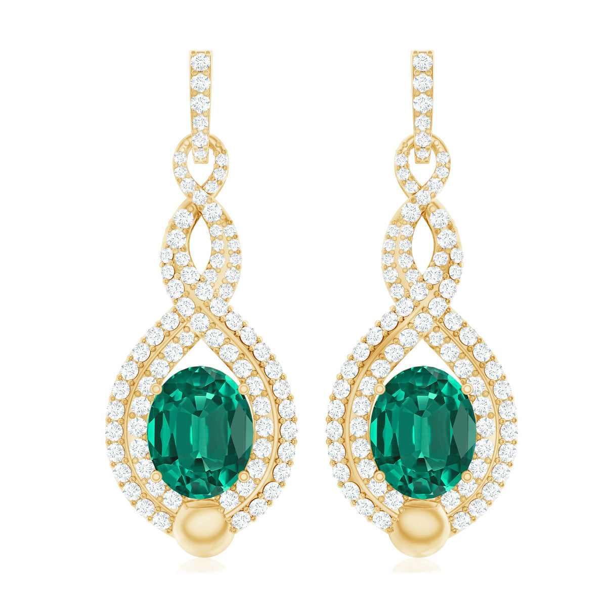 Certified Lab Grown Emerald Wedding Earrings with Double Halo Diamonds