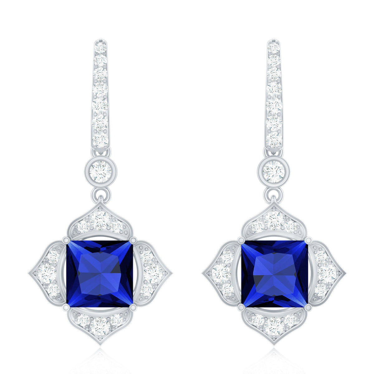 Lab Grown Blue Sapphire Floral Inspired Drop Earrings with Diamonds