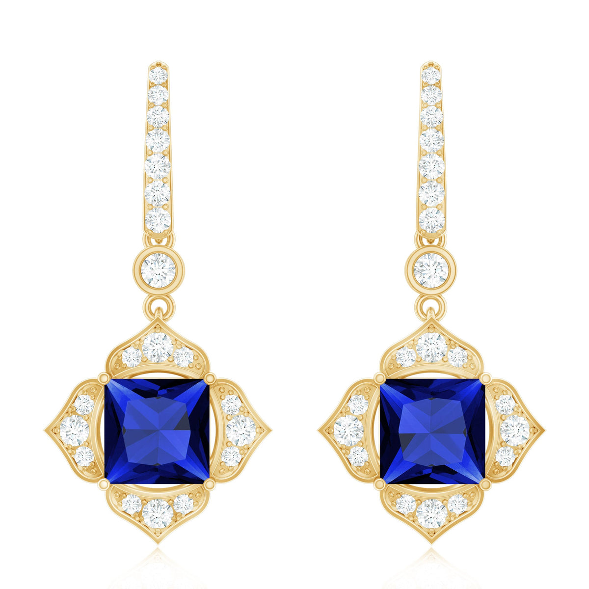 Lab Grown Blue Sapphire Floral Inspired Drop Earrings with Diamonds