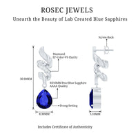 Designer Lab Grown Blue Sapphire Teardrop Earrings with Diamonds
