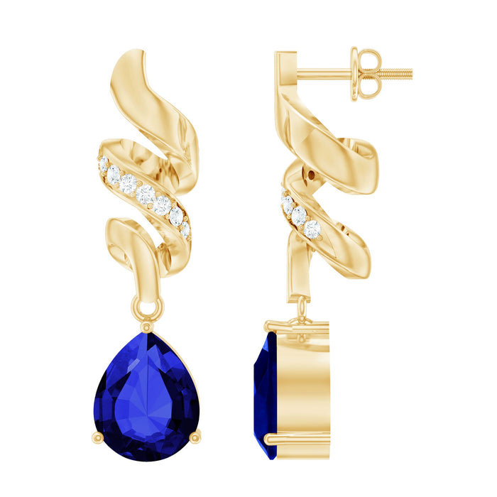 Rosec Jewels blue sapphire teardrop earrings with diamonds, showcasing elegant lab-grown gemstone jewelry with intricate design.