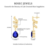 Designer Lab Grown Blue Sapphire Teardrop Earrings with Diamonds