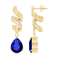 Designer Lab Grown Blue Sapphire Teardrop Earrings with Diamonds