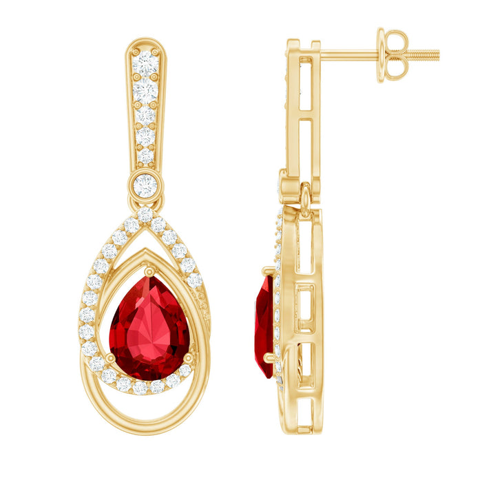 Rosec Jewels classic lab-grown ruby teardrop earrings featuring vibrant red gemstones and elegant sterling silver settings.