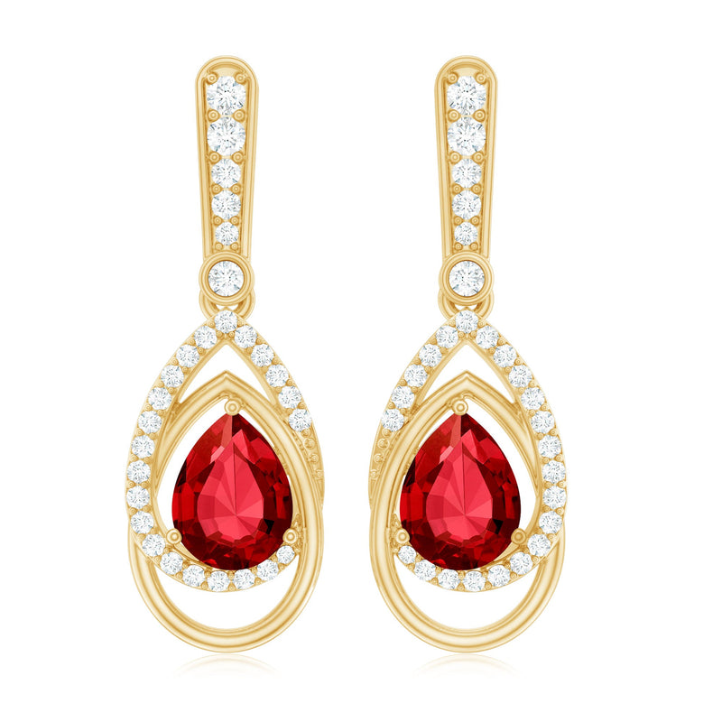 Rosec Jewels classic lab-grown ruby teardrop earrings featuring sparkling red gemstones and elegant drop design.