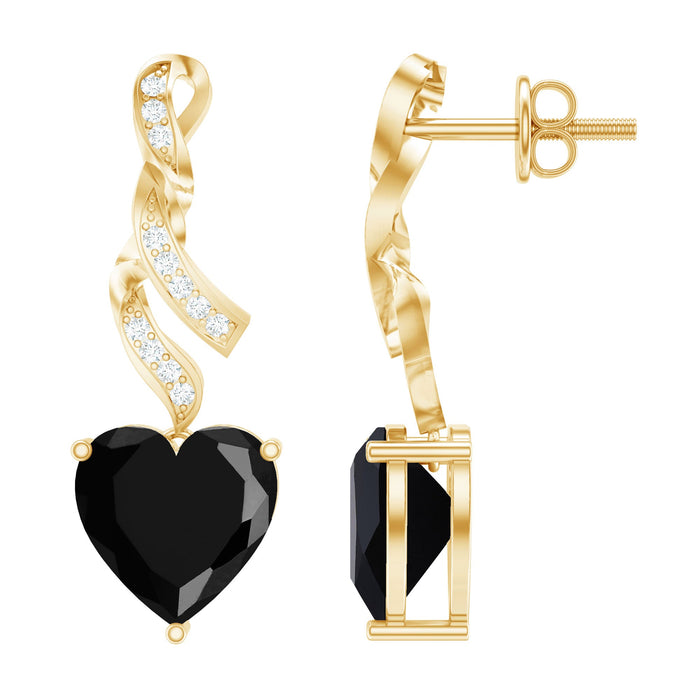 Lab grown black diamond heart drop earrings with sparkling diamond accents by Rosec Jewels, elegant jewelry for special occasions.