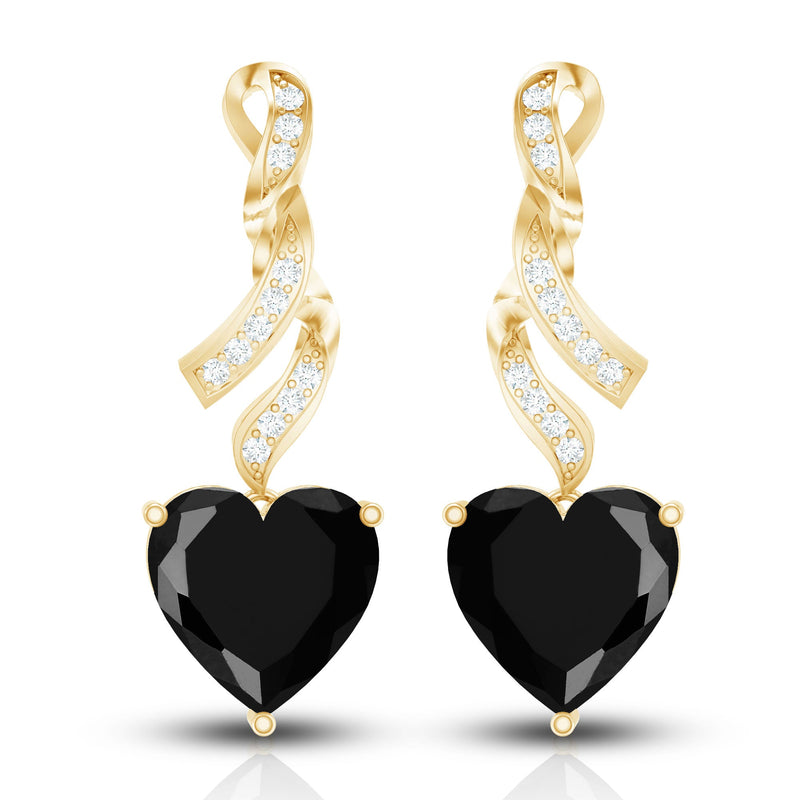 Lab grown black diamond heart drop earrings with sparkling diamonds by Rosec Jewels, showcasing elegant jewelry design.