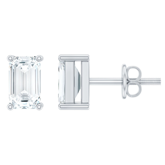 Lab grown diamond emerald cut stud earrings in silver with Rosec Jewels branding, showcasing sparkling gemstones on a sleek earring setting.