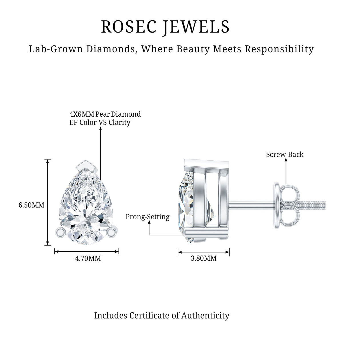 Certified 0.7 Carat Lab Grown Diamond Stud Earrings in Sterling Silver