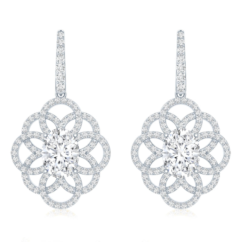 Certified 2.58 carat oval cubic zirconia flower earrings for women by Rosec Jewels, featuring sparkling floral design.