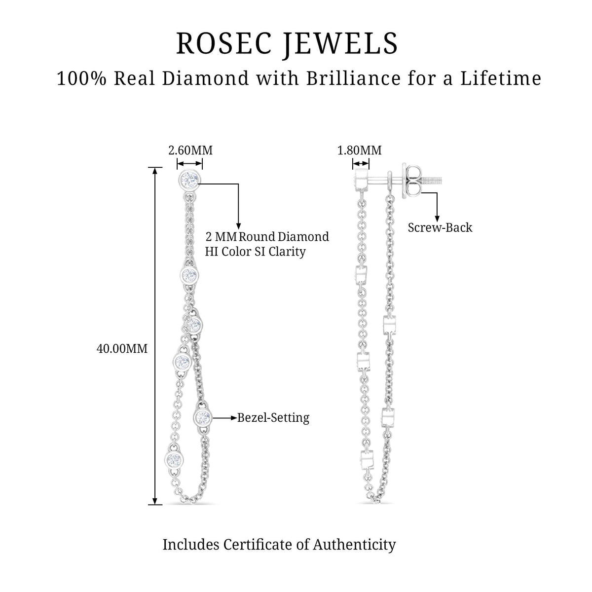 Bezel set real diamond chain earrings by Rosec Jewels featuring sparkling diamonds and elegant chain design.